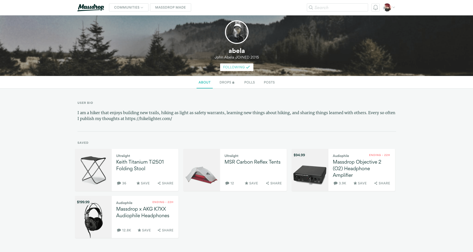 Massdrop profile page HikeLighter