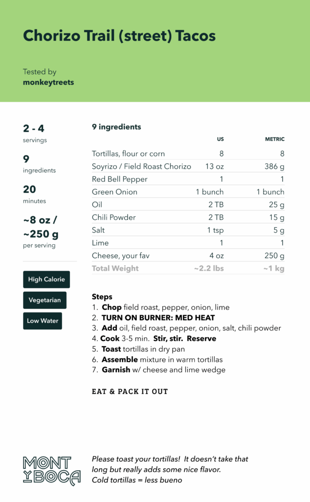 Trail Recipe: Trail Tacos with Stone Smashed Guac 5 Chorizo Trail (street) Tacos
