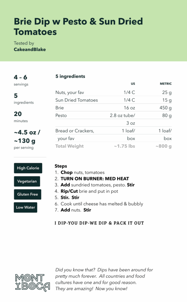 Trail Recipe: Buffalo Chicken Dip & Brie Dip 3 monyboca Brie Dip w Pesto & Sun Dried Tomatoes