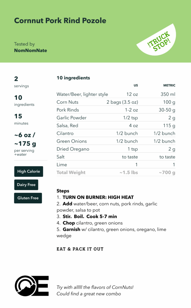 Trail Recipe: Corn Nut Pork Rind Pozole 4 Cornnut Pork Rind Pozole