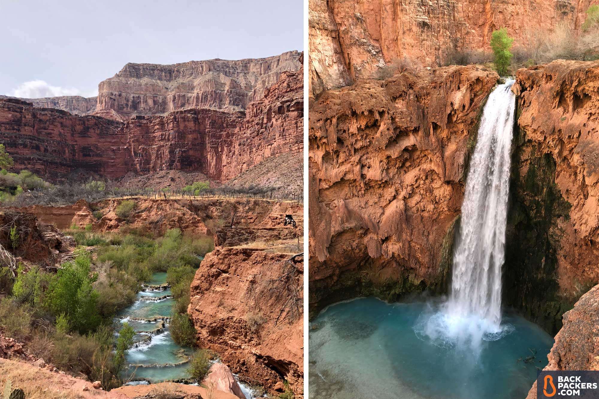 Havasupai Falls Hike Guide: Permits, Prep & Trail Info 15 Havasupai Falls Hike in ArizonaMooney Falls Right Navajo Falls Left